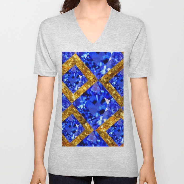 ASYMMETRIC ROYAL BLUE SAPPHIRE GEMSTONES ART ON GOLD V Neck T Shirt