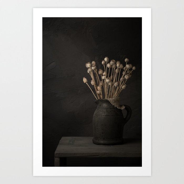 Moody still life of a vase with dried poppies Art Print