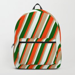 [ Thumbnail: Tan, Mint Cream, Dark Green & Red Colored Stripes Pattern Backpack ]