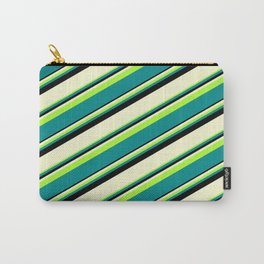 [ Thumbnail: Light Green, Dark Cyan, Black & Light Yellow Colored Striped/Lined Pattern Carry-All Pouch ]