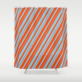 [ Thumbnail: Sky Blue and Red Colored Lined Pattern Shower Curtain ]