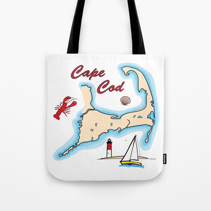 Cape Cod Map with Sailboat, Lighthouse, Lobster, and Shell Tote Bag