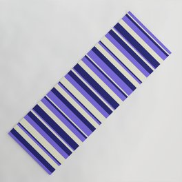 [ Thumbnail: Beige, Medium Slate Blue & Midnight Blue Colored Lined Pattern Yoga Mat ]