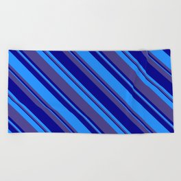 [ Thumbnail: Dark Slate Blue, Dark Blue & Blue Colored Stripes Pattern Beach Towel ]
