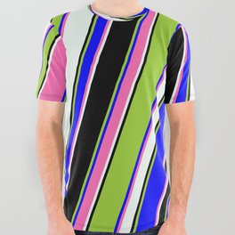 [ Thumbnail: Eye-catching Green, Blue, Hot Pink, Mint Cream & Black Colored Pattern of Stripes All Over Graphic Tee ]