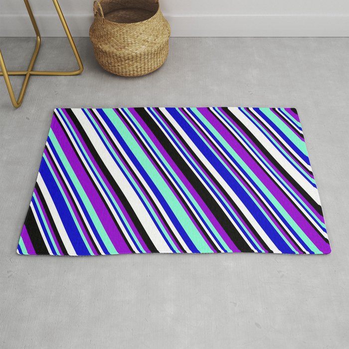 Vibrant Dark Violet, Aquamarine, Blue, White, and Black Colored Striped/Lined Pattern Rug