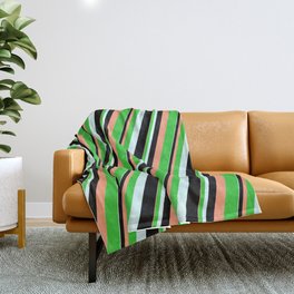 [ Thumbnail: Light Salmon, Lime Green, Light Cyan, and Black Colored Lines/Stripes Pattern Throw Blanket ]