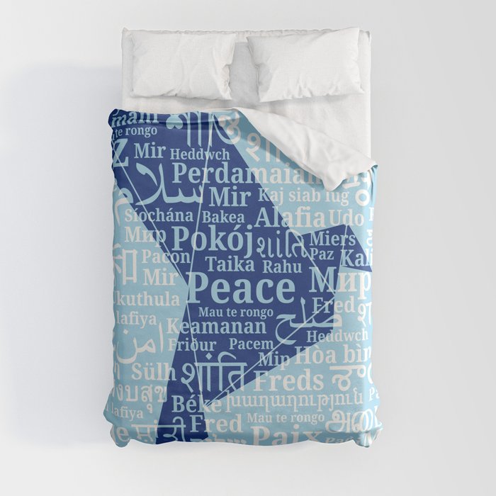Dove-origami on the background of the word "Peace" in different languages of the World Duvet Cover