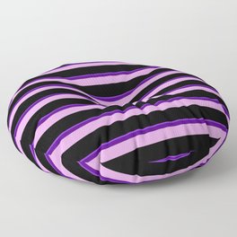 [ Thumbnail: Purple, Indigo, Plum, and Black Colored Lined Pattern Floor Pillow ]