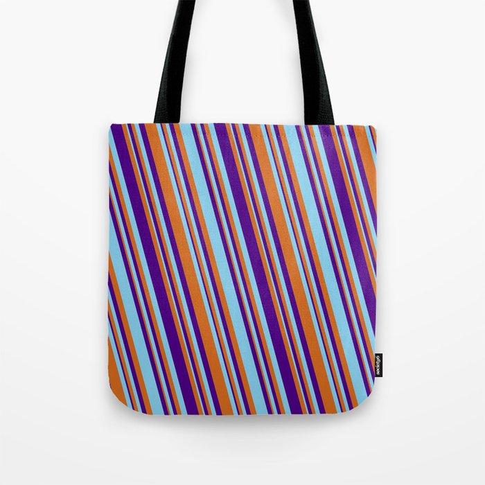 Chocolate, Indigo & Sky Blue Colored Stripes Pattern Tote Bag