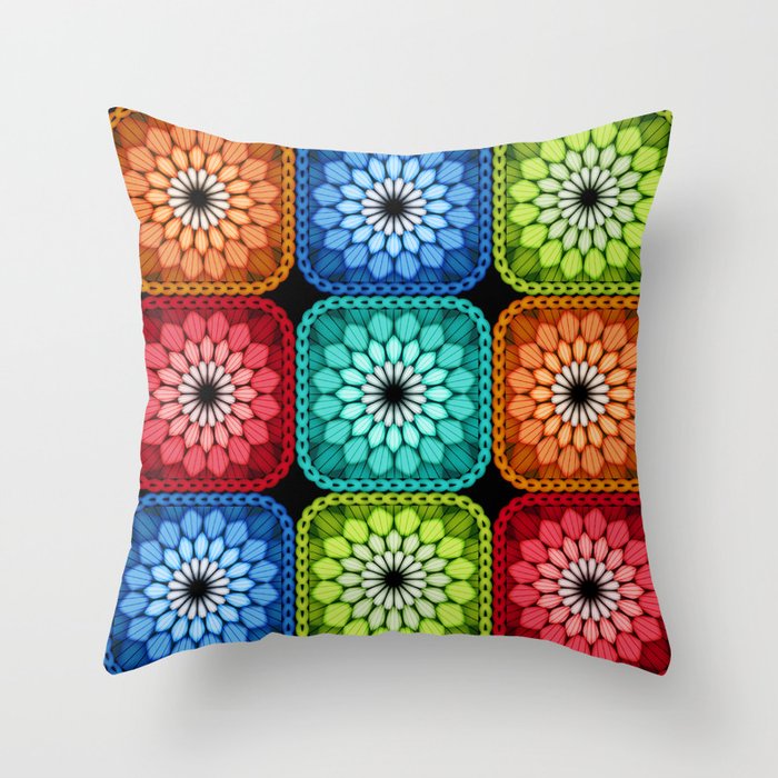Bright Mid Century Modern Granny Squares // Red, Cobalt Blue, Turquoise, Lime Green, Red, Orange, Black Throw Pillow