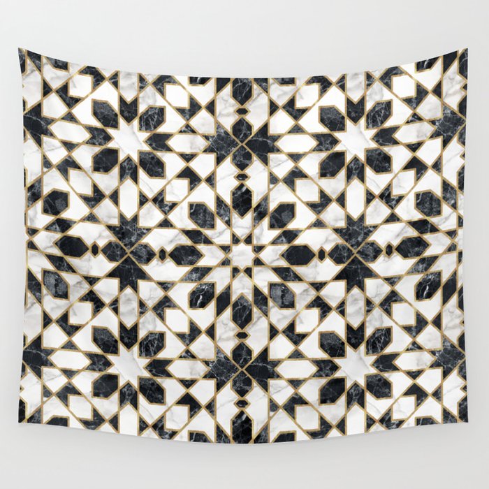 Black and white marble Moroccan mosaic Wall Tapestry