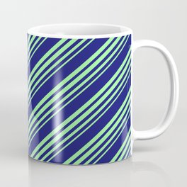 [ Thumbnail: Midnight Blue and Green Colored Stripes Pattern Coffee Mug ]