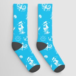  Turquoise And White Silhouettes Of Vintage Nautical Pattern Socks