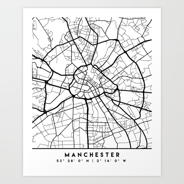 MANCHESTER ENGLAND BLACK CITY STREET MAP ART Art Print