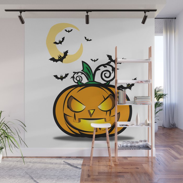 Halloween Pumpkin And Bats Fly In Moonlight Wall Mural