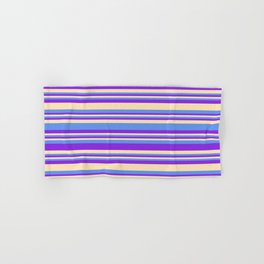 [ Thumbnail: Purple, Beige, and Cornflower Blue Colored Striped/Lined Pattern Hand & Bath Towel ]