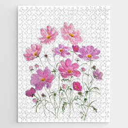pinkish purple cosmos flowers watercolor and ink  Jigsaw Puzzle