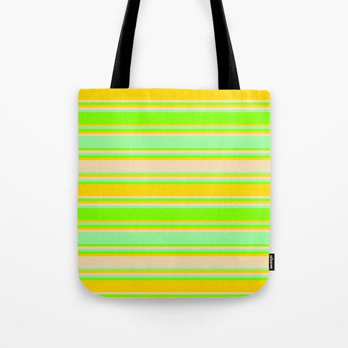 Green, Chartreuse, Yellow & Tan Colored Stripes/Lines Pattern Tote Bag