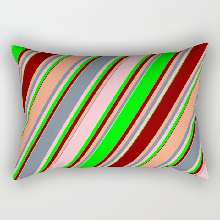 Eye-catching Slate Gray, Pink, Lime, Maroon & Light Salmon Colored Striped Pattern Rectangular Pillow