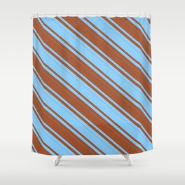 [ Thumbnail: Sienna and Light Sky Blue Colored Lines/Stripes Pattern Shower Curtain ]