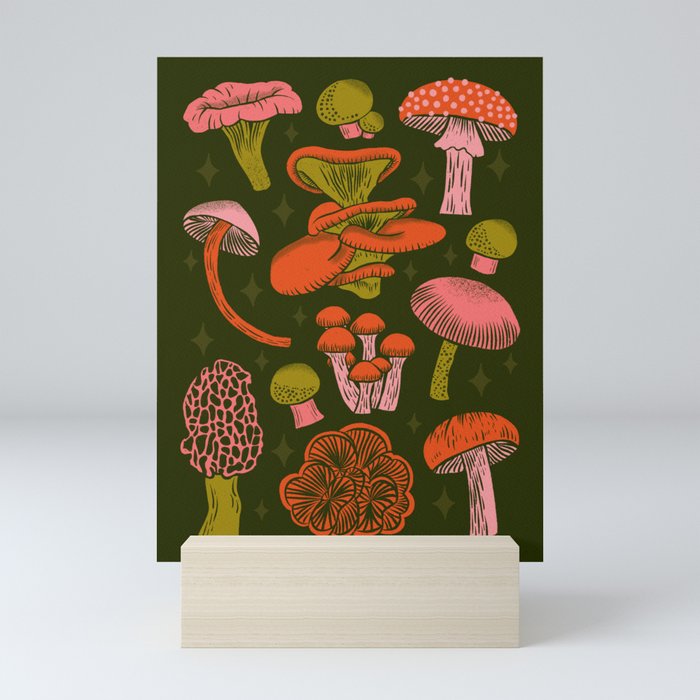 Texas Mushrooms – Bright Multicolor on Green Mini Art Print