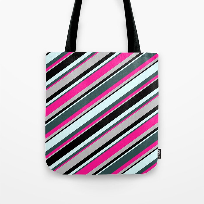 Colorful Light Cyan, Dark Slate Gray, Deep Pink, Grey & Black Colored Lines/Stripes Pattern Tote Bag