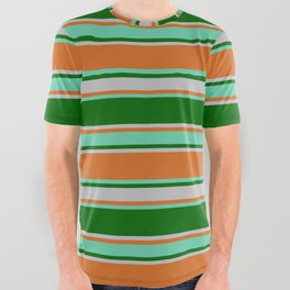 [ Thumbnail: Chocolate, Aquamarine, Dark Green, and Grey Colored Lines Pattern All Over Graphic Tee ]