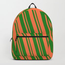 [ Thumbnail: Forest Green & Coral Colored Lines Pattern Backpack ]