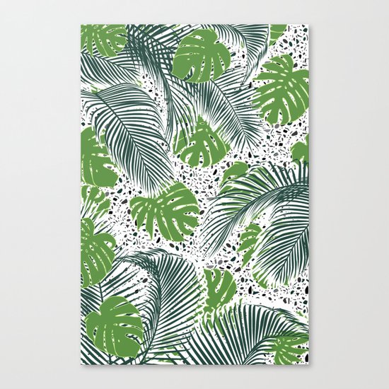 Green tropical leaves on terrazzo pattern Canvas Print