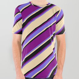 [ Thumbnail: Purple, Medium Slate Blue, Beige, and Black Colored Striped/Lined Pattern All Over Graphic Tee ]