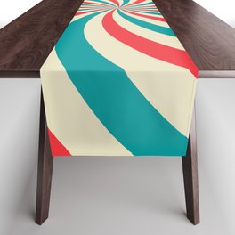 Retro background with curved, rays or stripes in the center. Rotating, spiral stripes. Sunburst or sun burst retro background. Turquoise and red colors. Vintage illustration Table Runner
