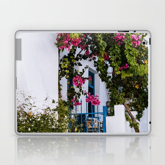 Traditional Greek Street Scenery | Blue Door and Pink Flowers | Island Life | Travel Photography in Europe Laptop & iPad Skin