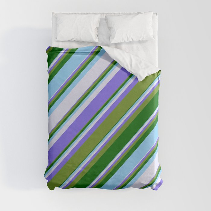 Vibrant Medium Slate Blue, Green, Dark Green, Light Sky Blue & Lavender Colored Stripes Pattern Duvet Cover