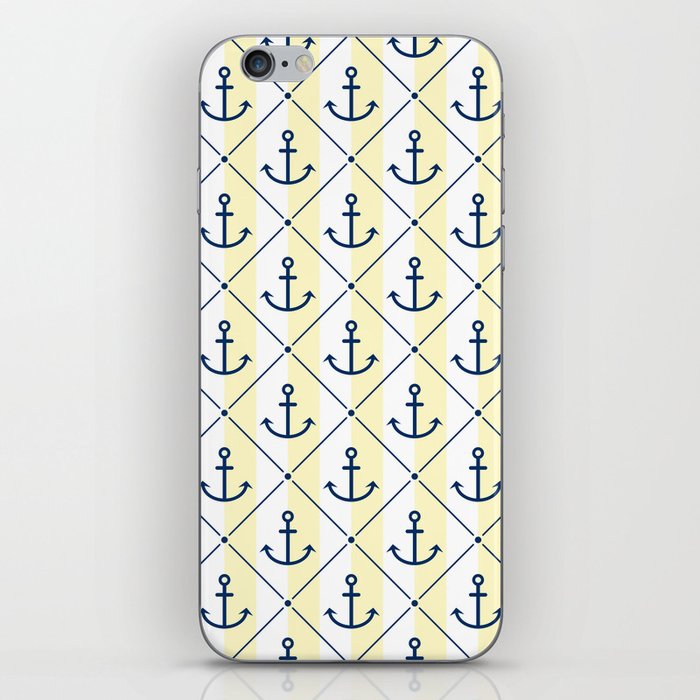 Navy Blue Anchor Pattern on White and Pastel Yellow iPhone Skin