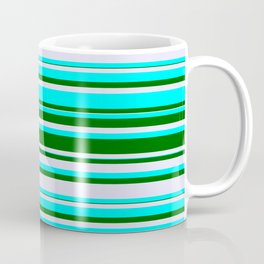 [ Thumbnail: Cyan, Dark Green & Lavender Colored Lined/Striped Pattern Coffee Mug ]