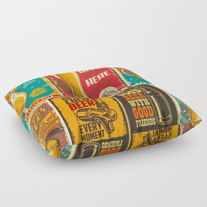 Set of beer poster in vintage style with grunge textures and beer objects Floor Pillow