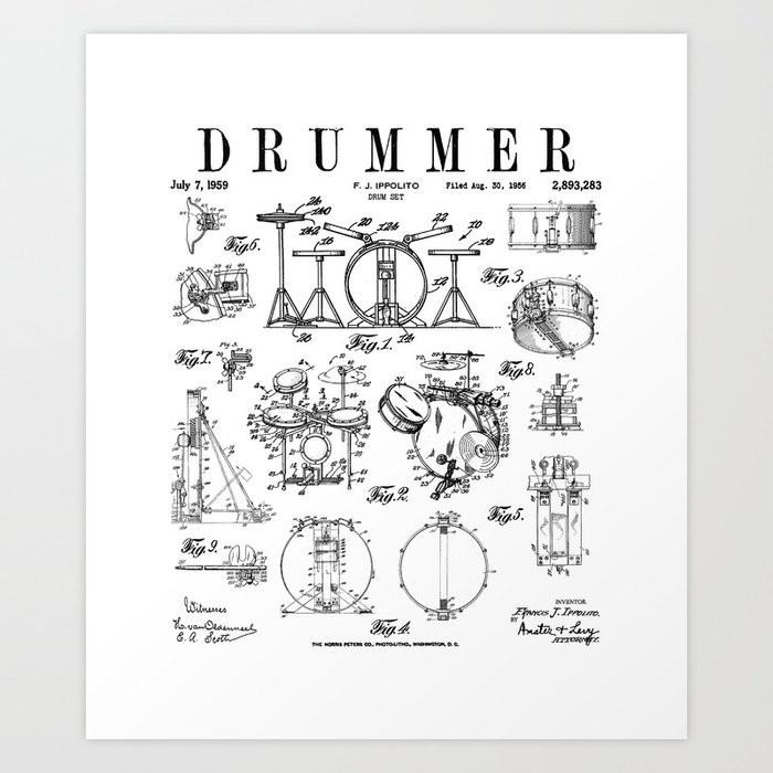 Drum Set Kit Vintage Patent Drummer Drawing Print Art Print