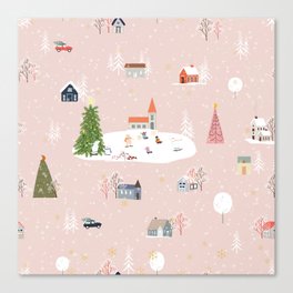 Seamless pattern Cute Christmas landscape in the town with fairy tale houses,car,polar bear playing ice skates and Christmas trees,Panorama flat design in village on Christmas eve Canvas Print
