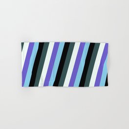 [ Thumbnail: Colorful Slate Blue, Sky Blue, Black, Dark Slate Gray & Mint Cream Colored Lined/Striped Pattern Hand & Bath Towel ]