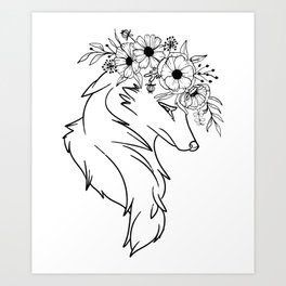 Minimal wolf Line Drawing with Flowers Art Print