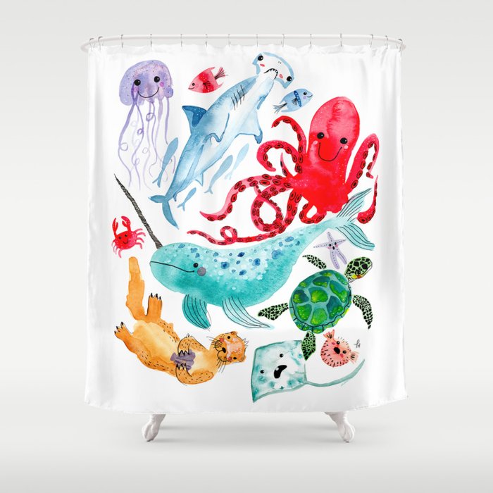 Ocean Creatures - Sea Animals Characters - Watercolor Shower Curtain