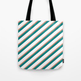 [ Thumbnail: Dark Salmon, Teal & White Colored Lines Pattern Tote Bag ]