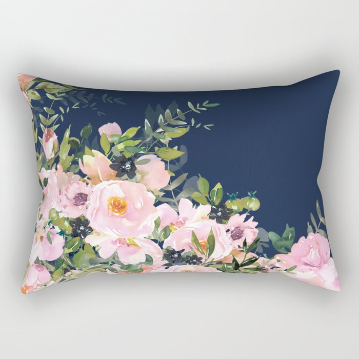 Boho, Floral Watercolor, Roses, Navy Blue and Pink Rectangular Pillow