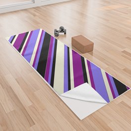[ Thumbnail: Medium Slate Blue, Purple, Beige & Black Colored Lined Pattern Yoga Towel ]
