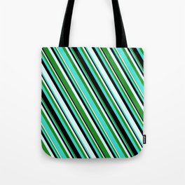 [ Thumbnail: Turquoise, Black, Light Cyan, and Forest Green Colored Stripes Pattern Tote Bag ]