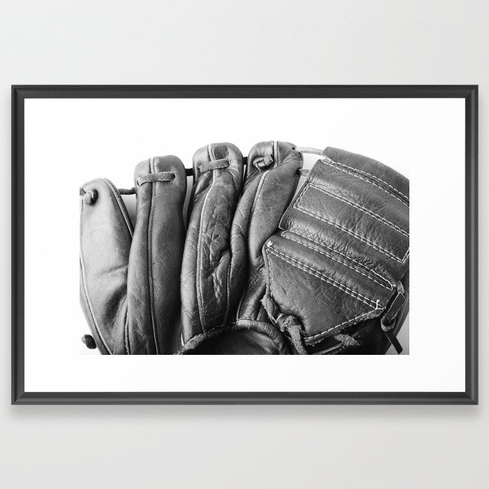 Old baseball leather glove in black and white Framed Art Print