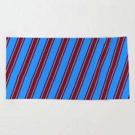 [ Thumbnail: Blue & Dark Red Colored Striped/Lined Pattern Beach Towel ]