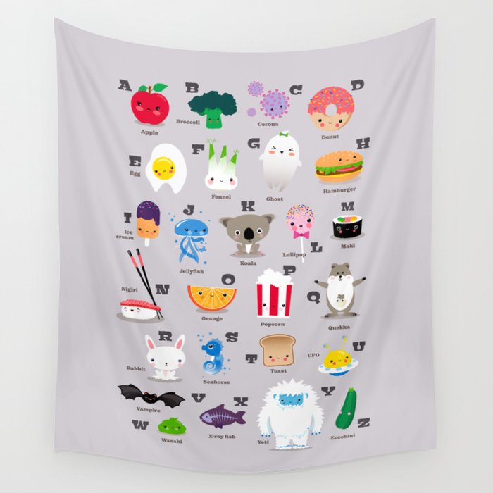 Children’s room alphabet – Kawaii illustrations for all letters from A for apple to Z for zucchini Wall Tapestry