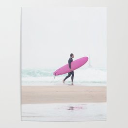 Surfing Beach Vibes - Pink Surf Board - Ocean Print - Sea Travel photography by Ingrid Beddoes Poster